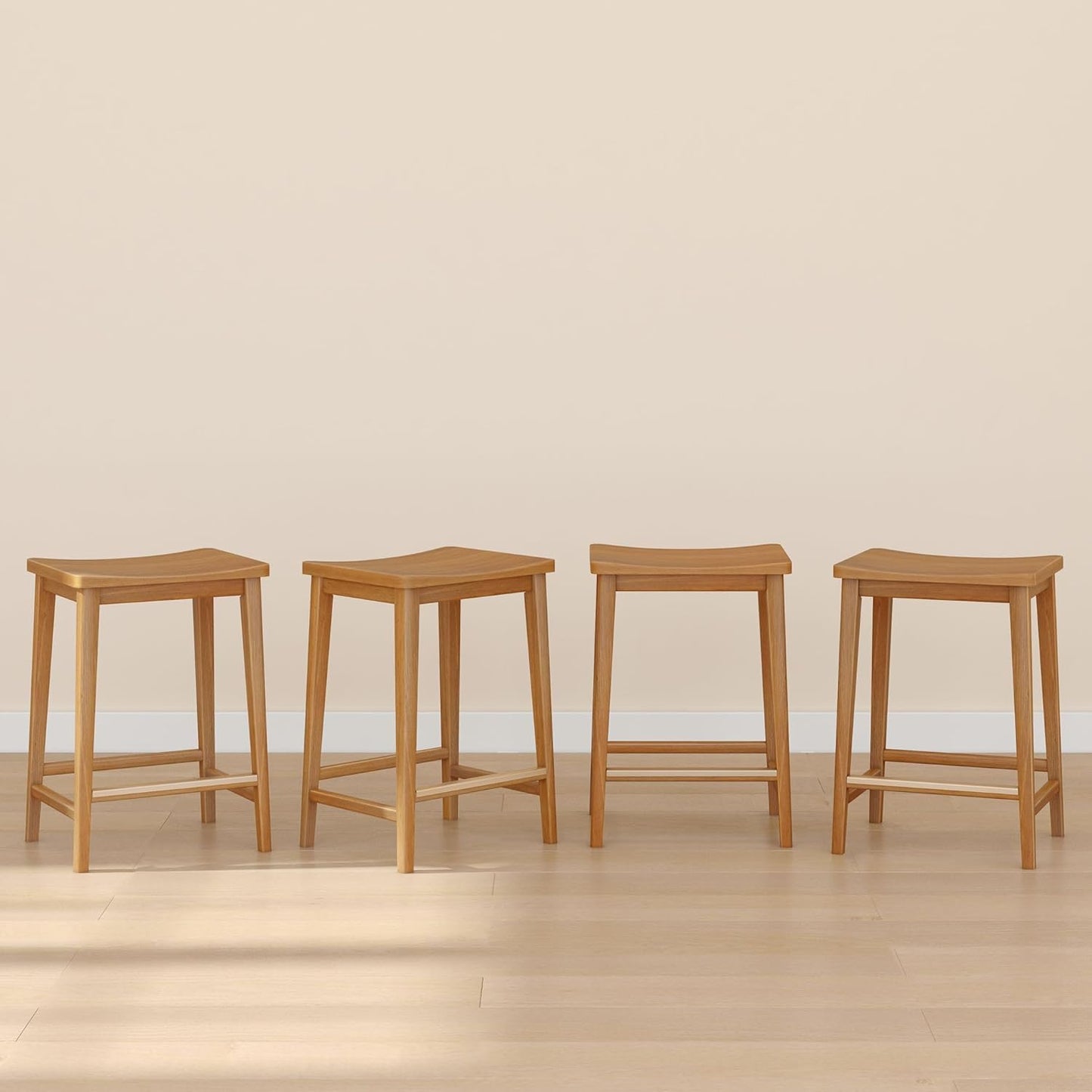 Plank+Beam Smythe Counter Stool, 24", Set of 4, Sturdy Wood Modern Kitchen Counter Height Stool, Saddle Seat Backless Counter Chair, Metal Footrest, Pecan