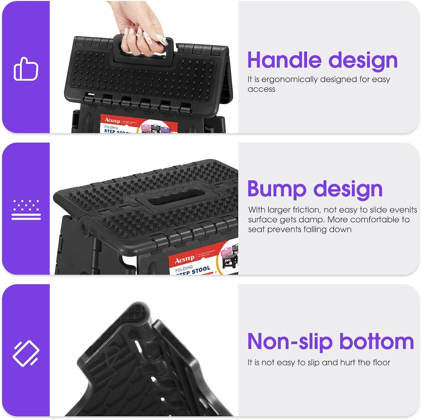 ACSTEP 16 Inch Folding Step Stool for Adults and Kids, Non-Slip Plastic Foldable Stepping Stool, Collapsible Folding Stool with Handle Holds Up to 400lbs for Kitchen, Dot Black (1 Pack)