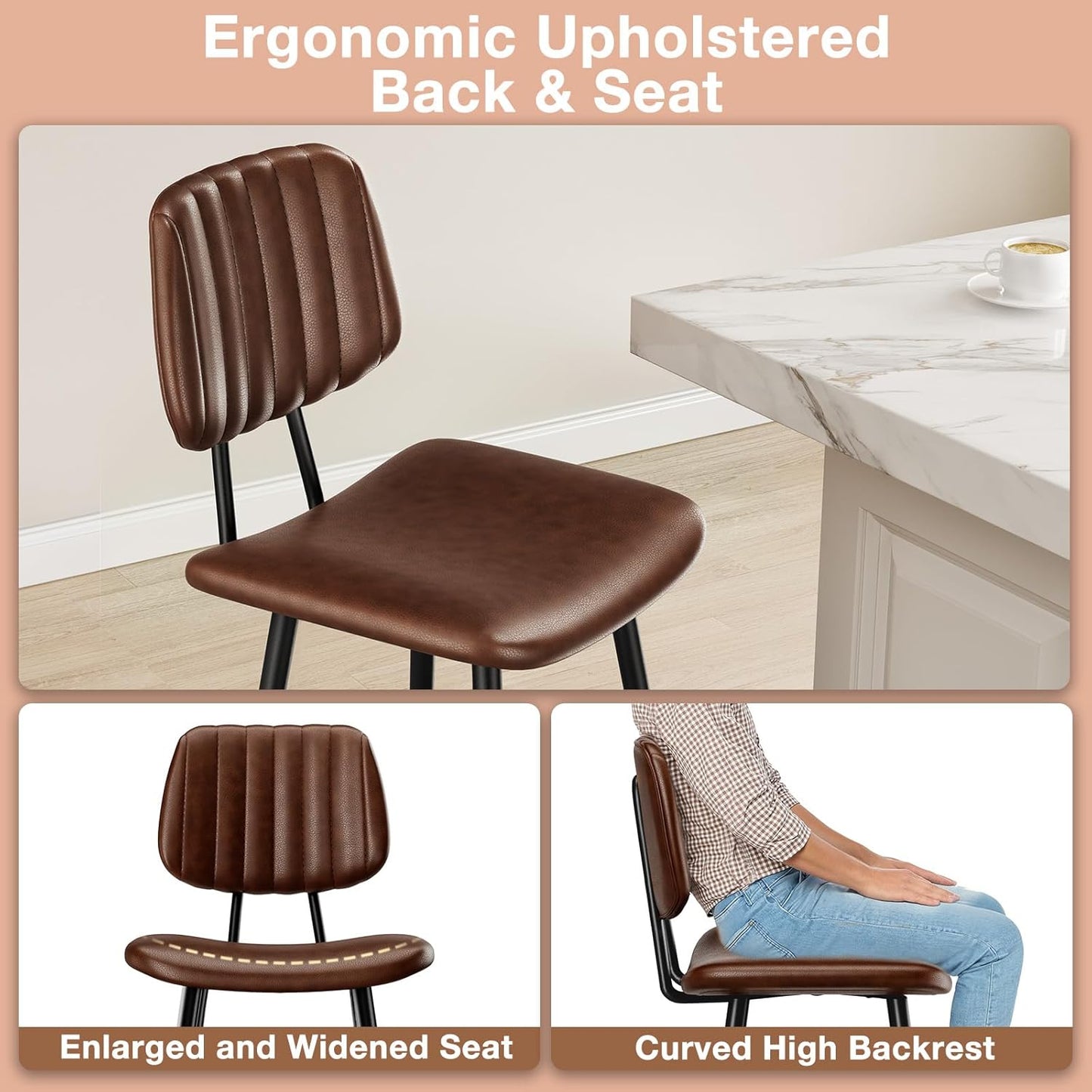 24-Inch Leather Bar Stools, Counter Height Barstools with High Backrest，Bar Chairs for Kitchen Island with Heavy Duty Metal Legs, Dark Brown