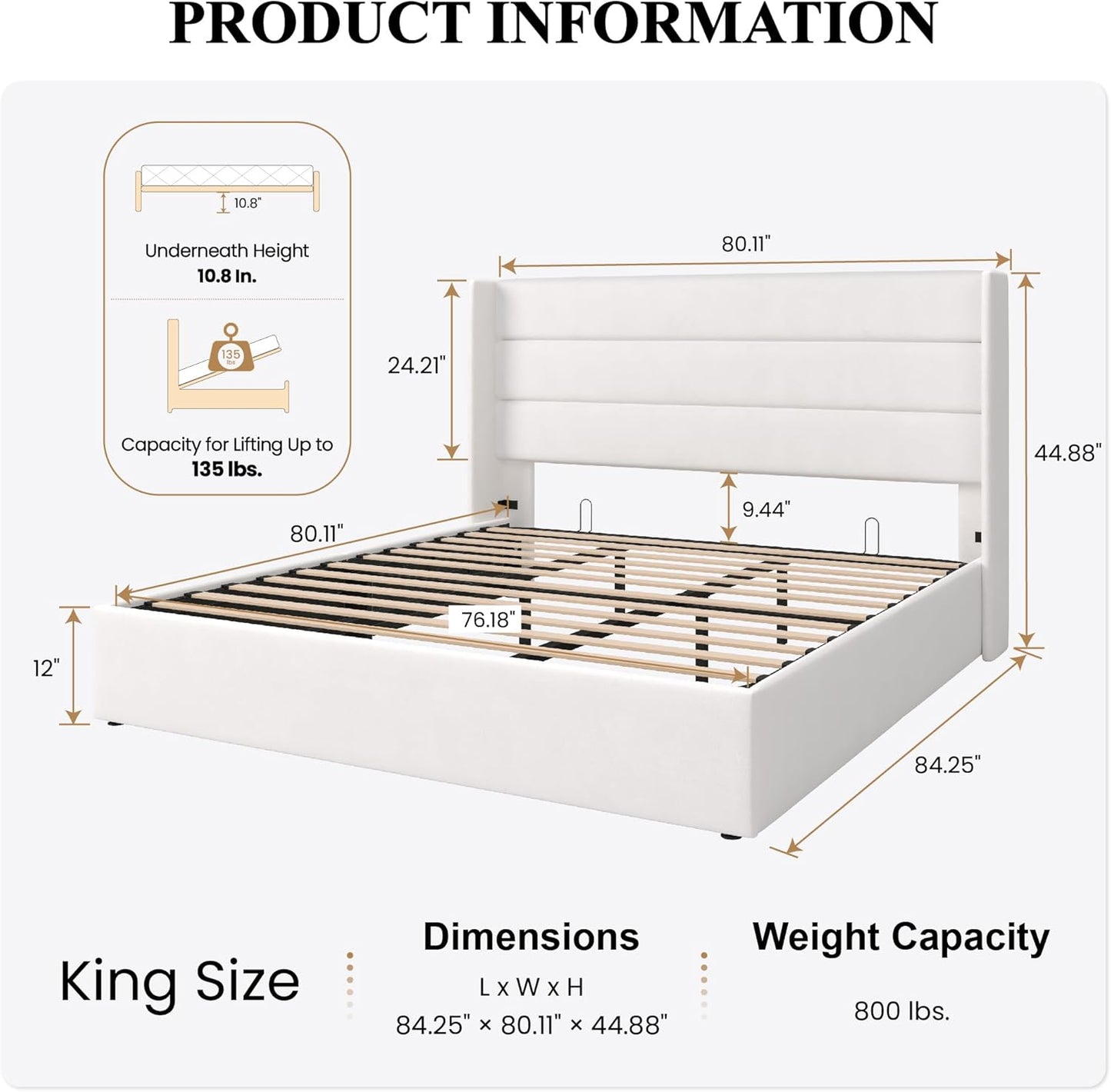 SHA CERLIN King Size Lift Up Storage Bed/Velvet Upholstered/Modern Wingback Headboard/Upholstered Platform Bed Frame/Hydraulic Storage/No Box Spring Needed/White