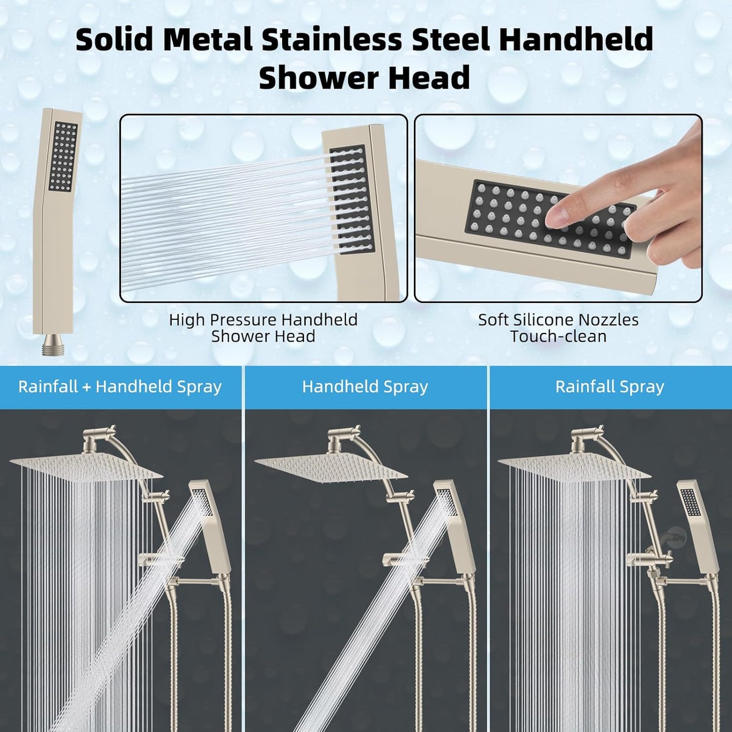 Hibbent All Metal 12'' Rainfall Shower Head, Dual Shower Head Combo, High Pressure Handheld Shower Wand, 16'' Adjustable Arc-shaped Shower Extension Arm, 71'' Hose, Showerhead Holder, Brushed Nickel