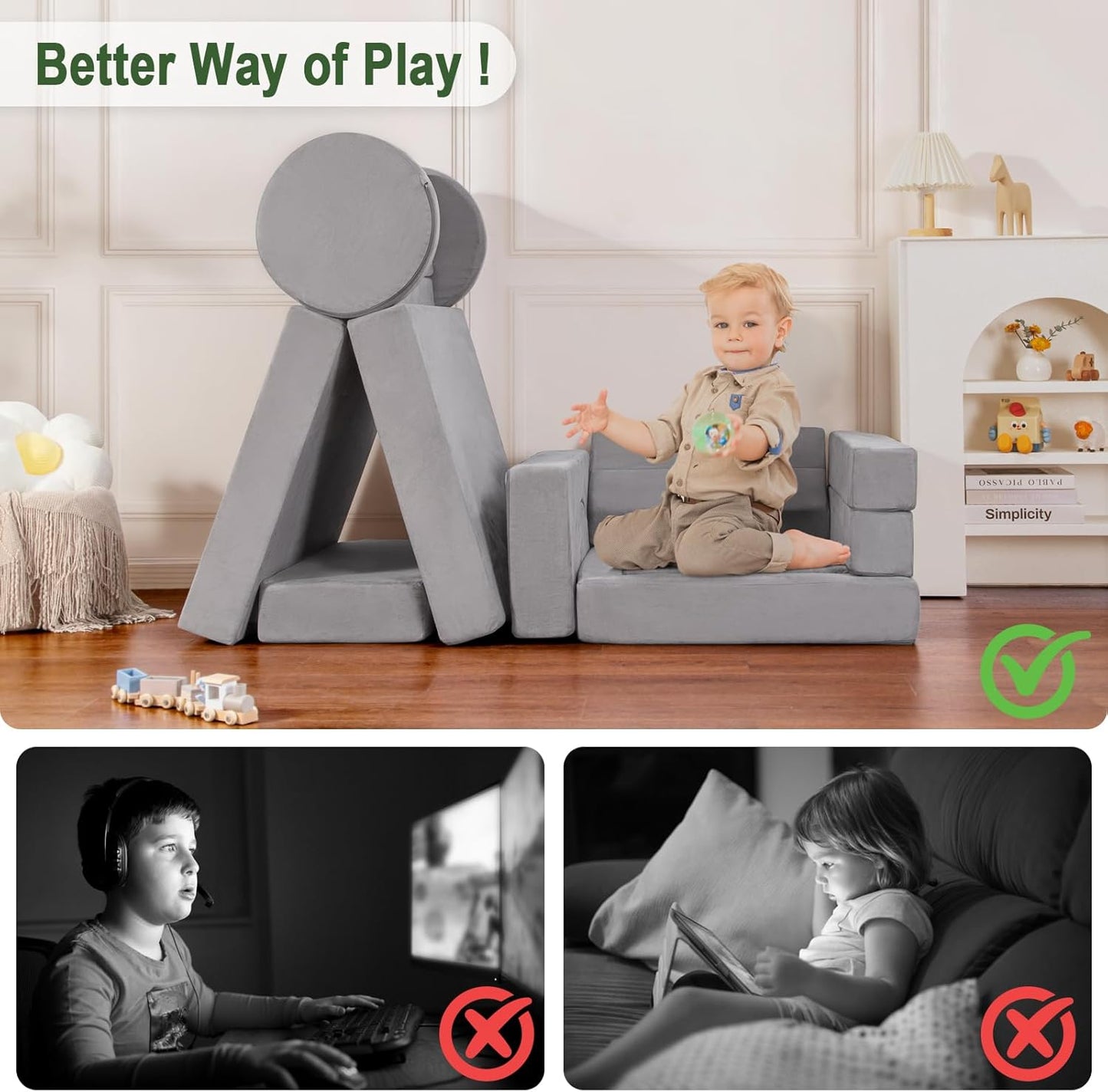 Modular Kids Play Couch 15PCS, Convertible Toddler Floor Sofa Set, Foam Play Sofa for Boys & Girls, Versatile Kids Furniture for Playroom, Climbing, Reading, Relaxing