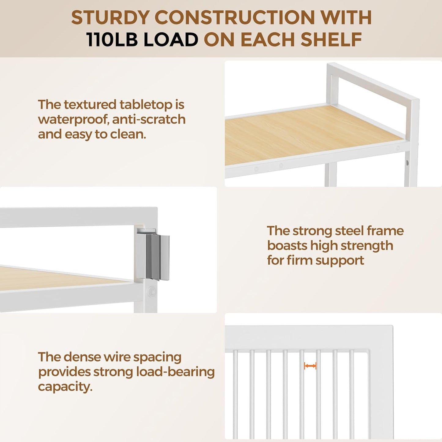 3-Tier Metal Storage Rack with Industrial Wheels,Mesh Shelving Unit with Wooden Table top,Adjustable Shelf,31.5-Inch Width, for Kitchen, Laundry,Pantry,Plant,Oak panel and white frame