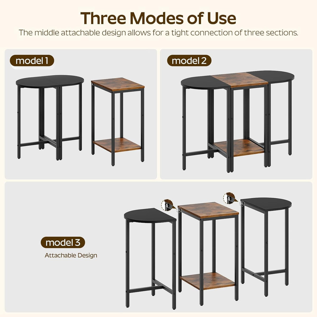 Small Side End Table, Nesting Side Table for Living Room, 2-Tier Nesting Side Table for Small Space, Wooden Sofe Tables Set of 3, Half Round End Table for Couch, Office, Brown and Black ET33BR