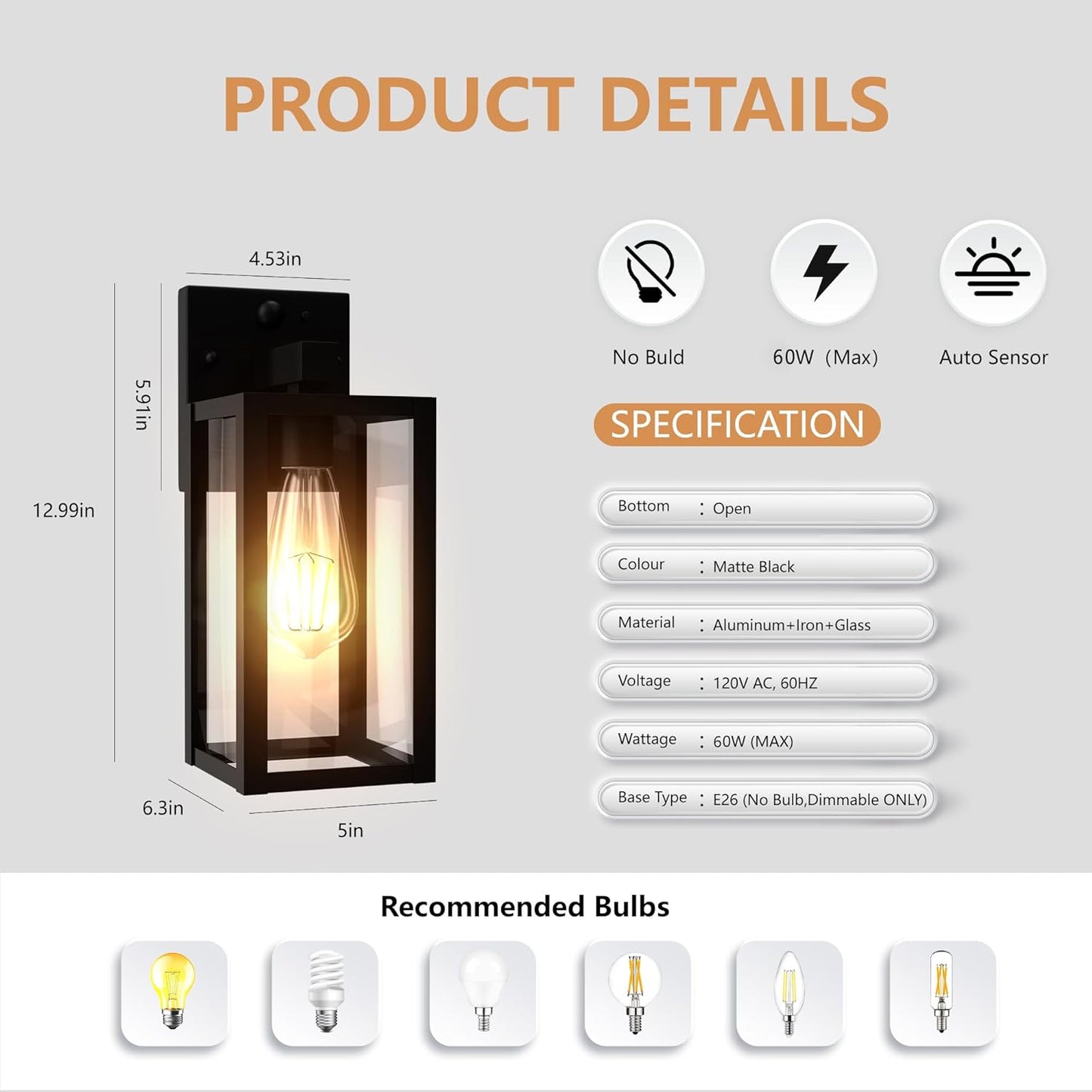 Dawn to Dusk Outdoor Sensor Motion Sensor Light Fixture Waterproof Porch Lights Anti-Rust Exterior Wall Mount Light Outdoor Wall Lantern for Patio Front Door Garage - 2 Pack