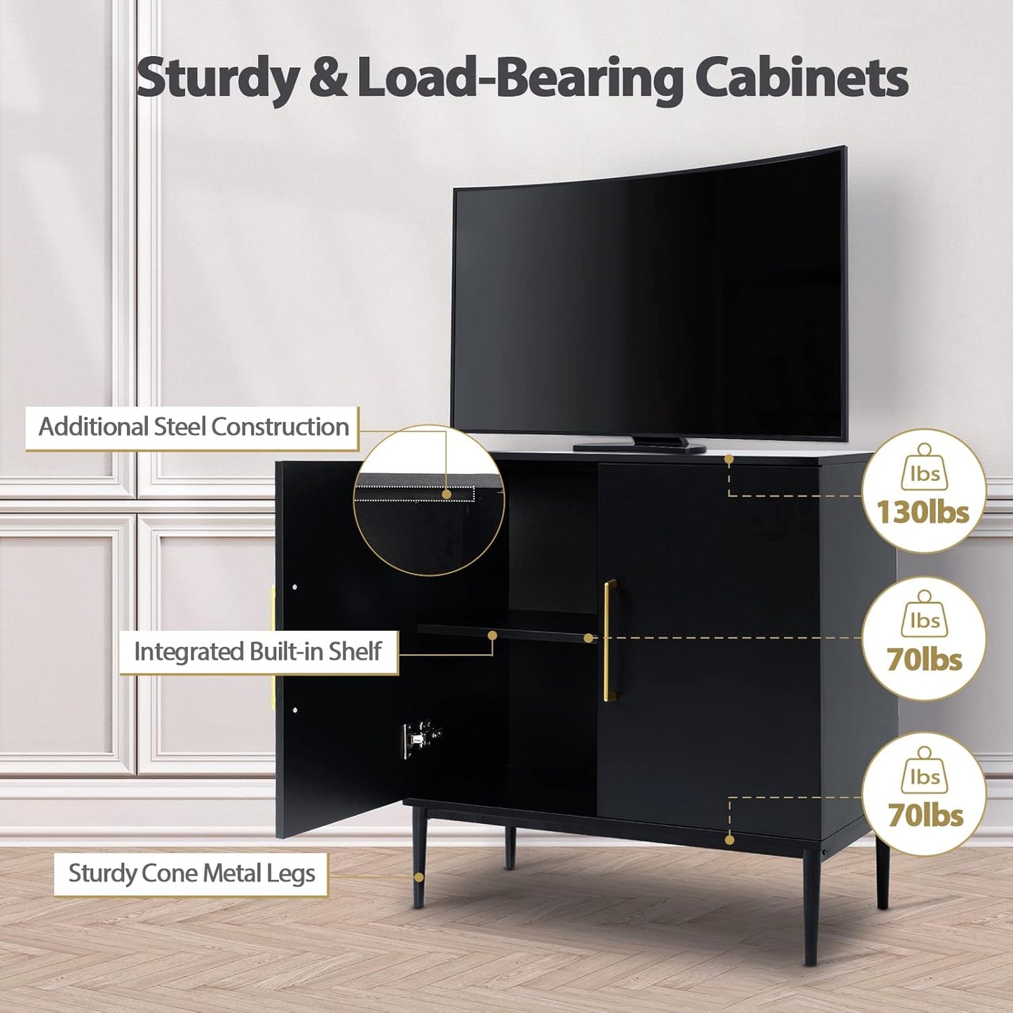 Modern Storage Cabinet, Free Standing Buffet Cabinet, Black Sideboard and Buffet Storage, Wood Accent Furniture for Living Room, Hallway, Entryway, Dining Room, Bedroom (1, Black)