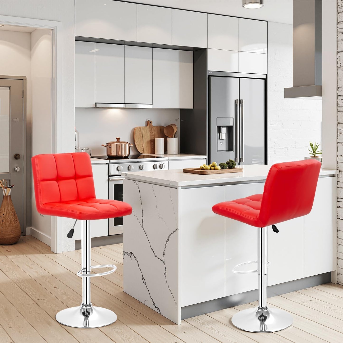 BestOffice Bar Stools Set of 2, Adjustable PU Leather Swivel Barstools, Modern Counter Stools with Back and Footrest, Counter Height Barstools for Bar, Kitchen and Dining Room