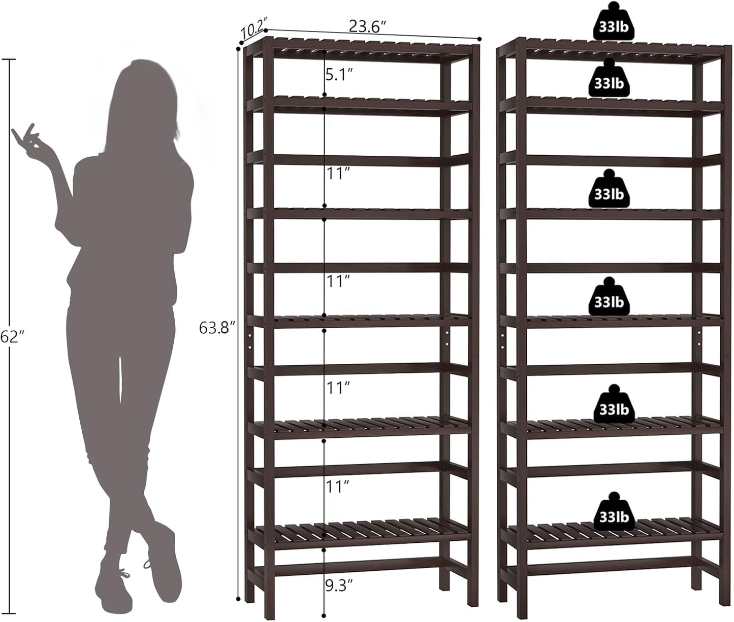 Homykic 6-Tier Bamboo Bookshelves and Bookcases, Adjustable 63.4”Tall Shallow Book Shelf Organizer Rack, Freestanding Storage Shelving Unit for Living Room, Kitchen, Bathroom, Office, Espresso