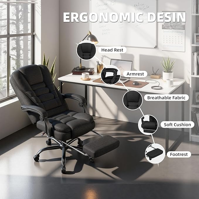 Office Chair, Big and Tall Fabric Gaming Chair with Footrest, Executive Comfortable Computer Desk Chairs, 360° Swivel Base & Height Adjustable Executive Chairs for Adults, Gamer Chair & Silla Gamer
