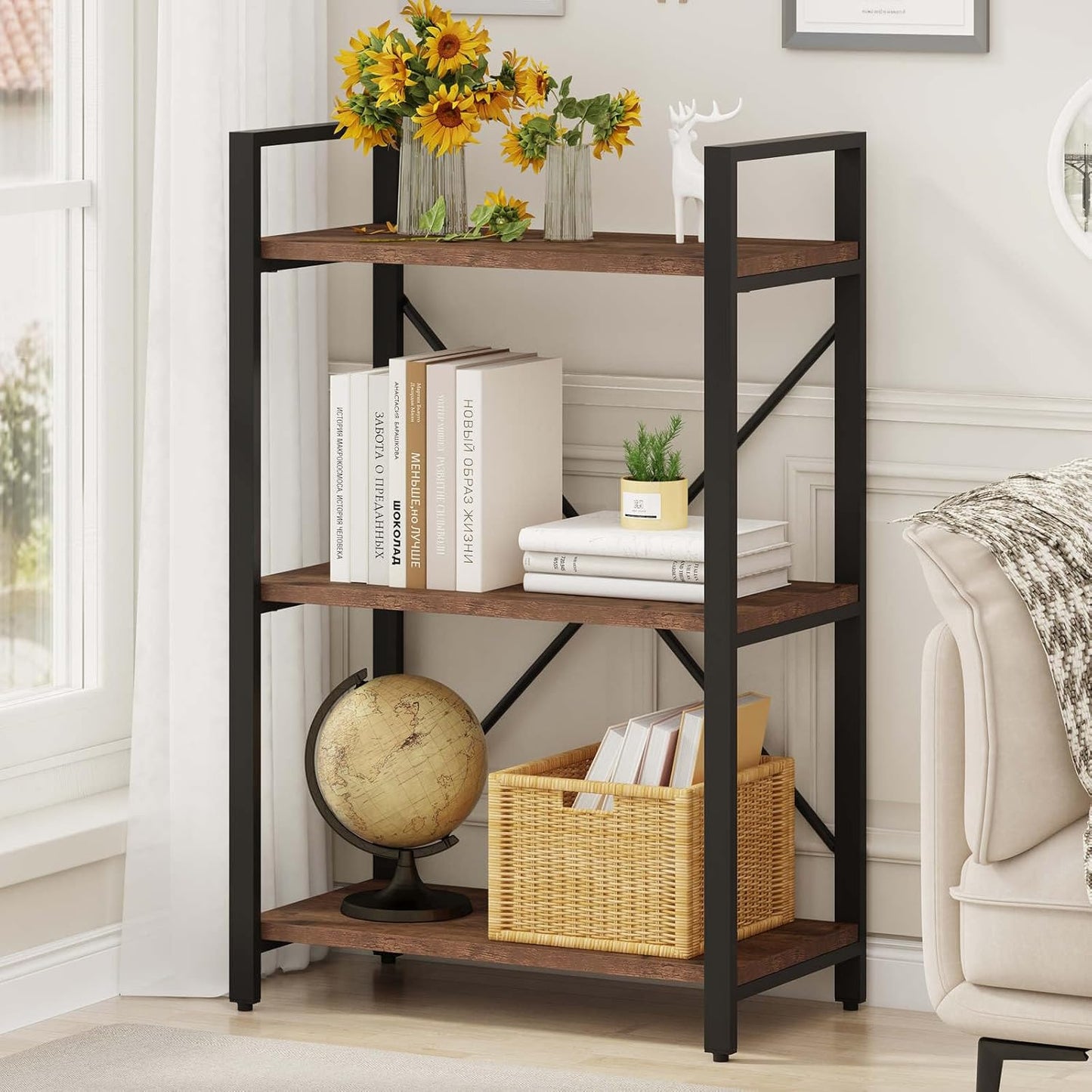 BON AUGURE 3 Tier Industrial Bookshelf, Office Small Open Book Shelf for Small Space, Short Narrow Wooden Etagere Bookcase for Living Room, Bedroom and Kitchen (Rustic Oak)