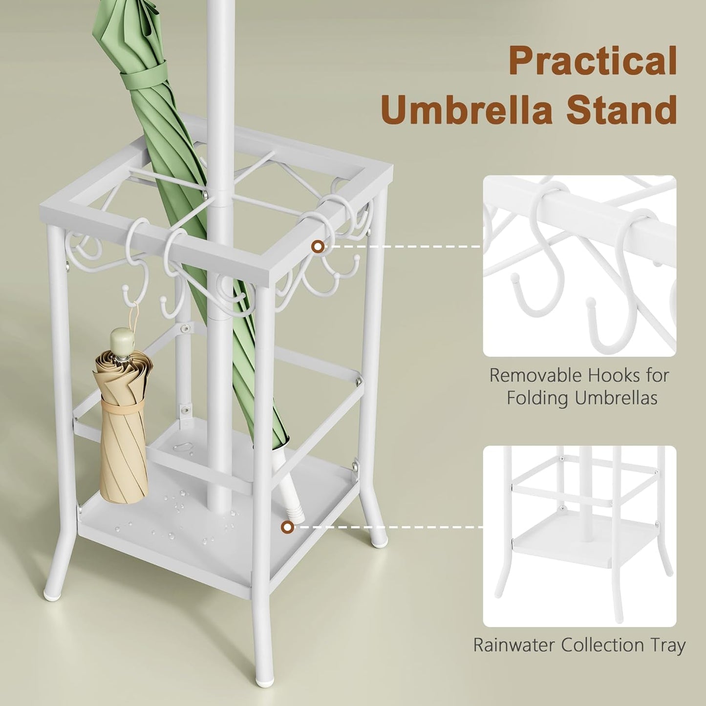 Hoctieon Coat Rack Freestanding, Coat Tree with Umbrella Holder, Metal Coat Rack Stand with 12 Hooks, Standing Coat Hanger Stand, Umbrella Stand for Entryway, Hat Rack Stand for Home Office, White