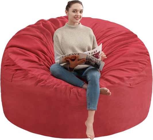 4FT Bean Bag Chair, Large Bean Bag Chairs with Memory Foam Filled, Fluffy Beanbag Sofa with Dutch Velvet Cover, Round BeanBag Chairs for Living Room, Playroom - Red