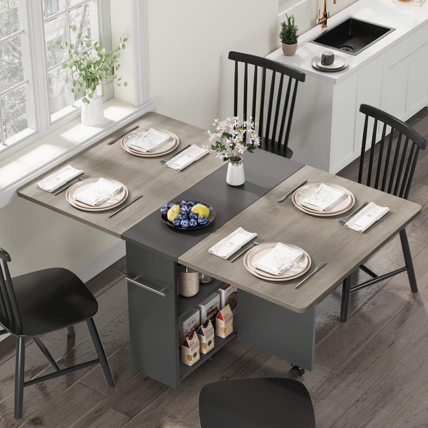 Space Saving Folding Dining Table with 2 Tier Storage-Extendable Drop Leaf Farmhouse Kitchen Dining Room Tables Set for 4, Collapsible Expandable Rectangle (Carlo Grey, 47.2"D x 23.6"W x 29.5"H)