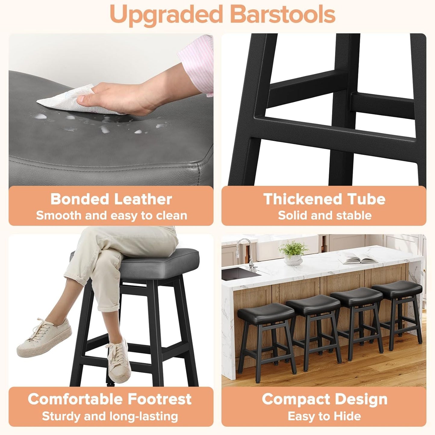 Counter Height Bar Stools Set of 2, 24 Inch Barstools for Kitchen Counter, Kitchen Stools with Bonded Leather Saddle Seats & Heavy Duty Metal Legs, Easy Assembly, Gray/Black