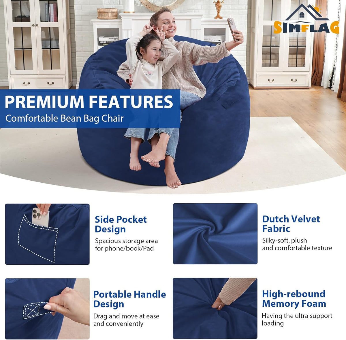 3FT Bean Bag Chair, Comfy Bean Bag Chairs with Memory Foam Filled, Fluffy Beanbag Sofa with Dutch Velvet Cover, Round BeanBag Chairs for Living Room, Playroom - Blue