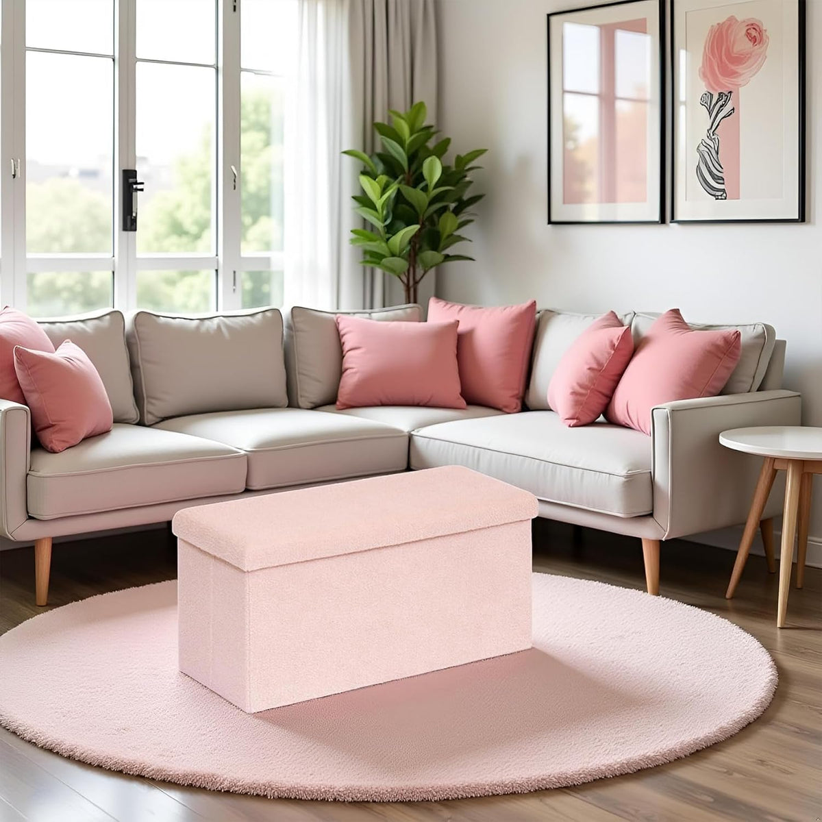 30.1" Storage Ottoman Bench - Foldable Foot Rest Stool Bedroom Bench for Living Room, Entryway-Pink