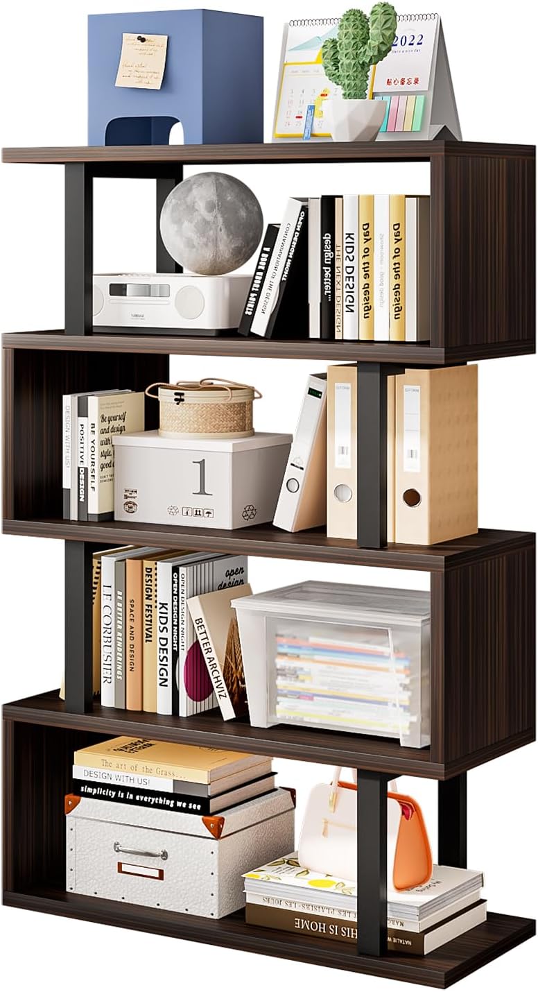 SORCEDAS Bookshelf Geometric Bookcase S Shaped Industrial Bookshelf Storage Display Stand Shelf for Living Room Bedroom and Office Room (Black, 4 Tier)