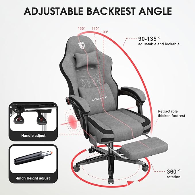 Gaming Chair, Fabric Computer Office Chair with Massage, Ergonomic Chair with Footrest Lumbar Support, Pocket Spring Widened Cushion Metal Legs 350LBS Light Gray