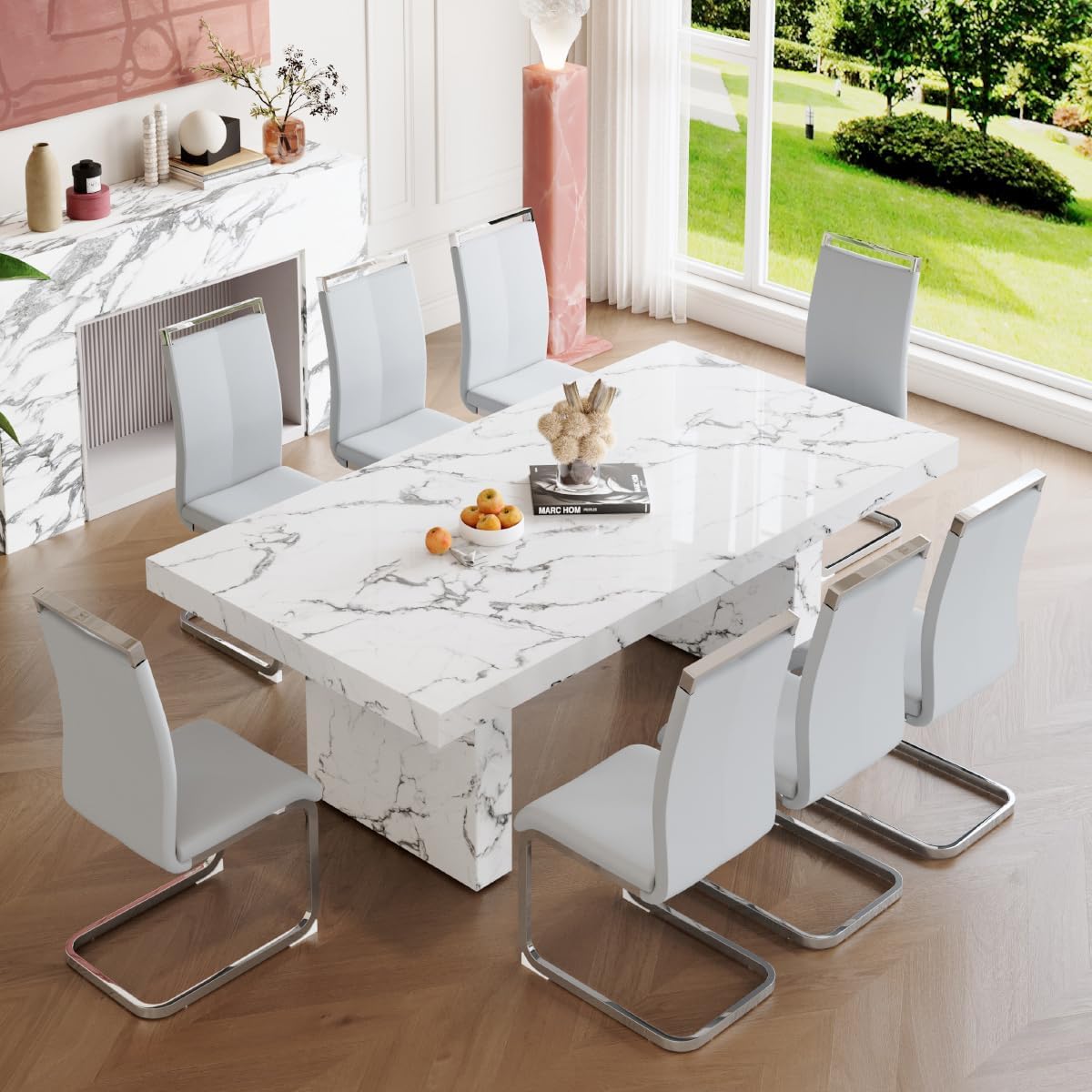 Modern Dining Chairs Set of 8, High Back Kitchen Chairs,Faux Leather Side Chair with Metal Legs, Easy to Clean Upholstered Dining Chairs, Ideal for Living Room(Silver Leg)