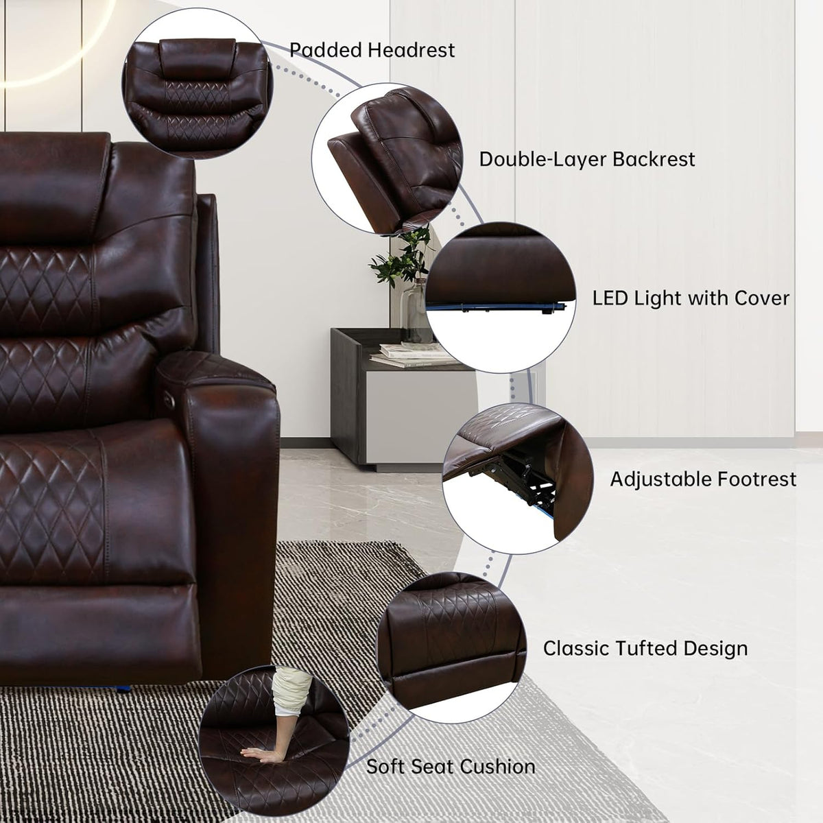 PU Leather Power Wall Hugger Chair Double Reclining Sectional Sofa 2-Seater Loveseat Couch with Center Storage Console, USB Ports, Cup Holders and Ambient LED Light for Living Room RV Theater Seating