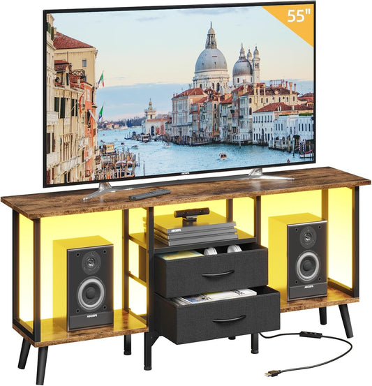 Small TV Stand with Fabric Drawers/LED Light for 55 inch TV, Entertainment Center with Storage Open Shelves，Media Console Table for Living Room, Bedroom, Rustic Brown