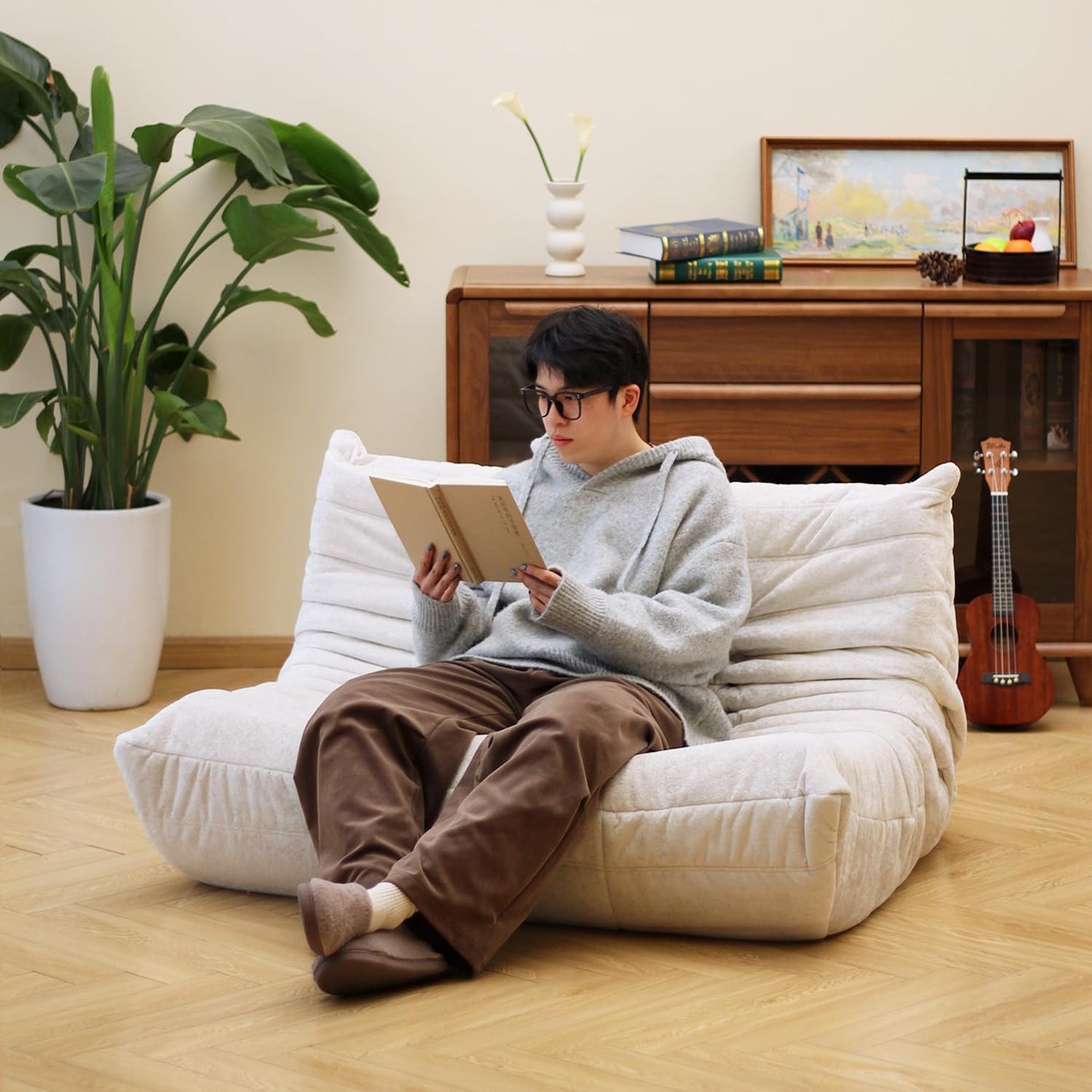 N&V Fireside Chair, Mid Century Armless Floor Sofa, Soft Premium Chenille Floor Lounge Chair, Foam Sofa Accent Chair for Living Room Bedroom and Office (White, Loveseat)