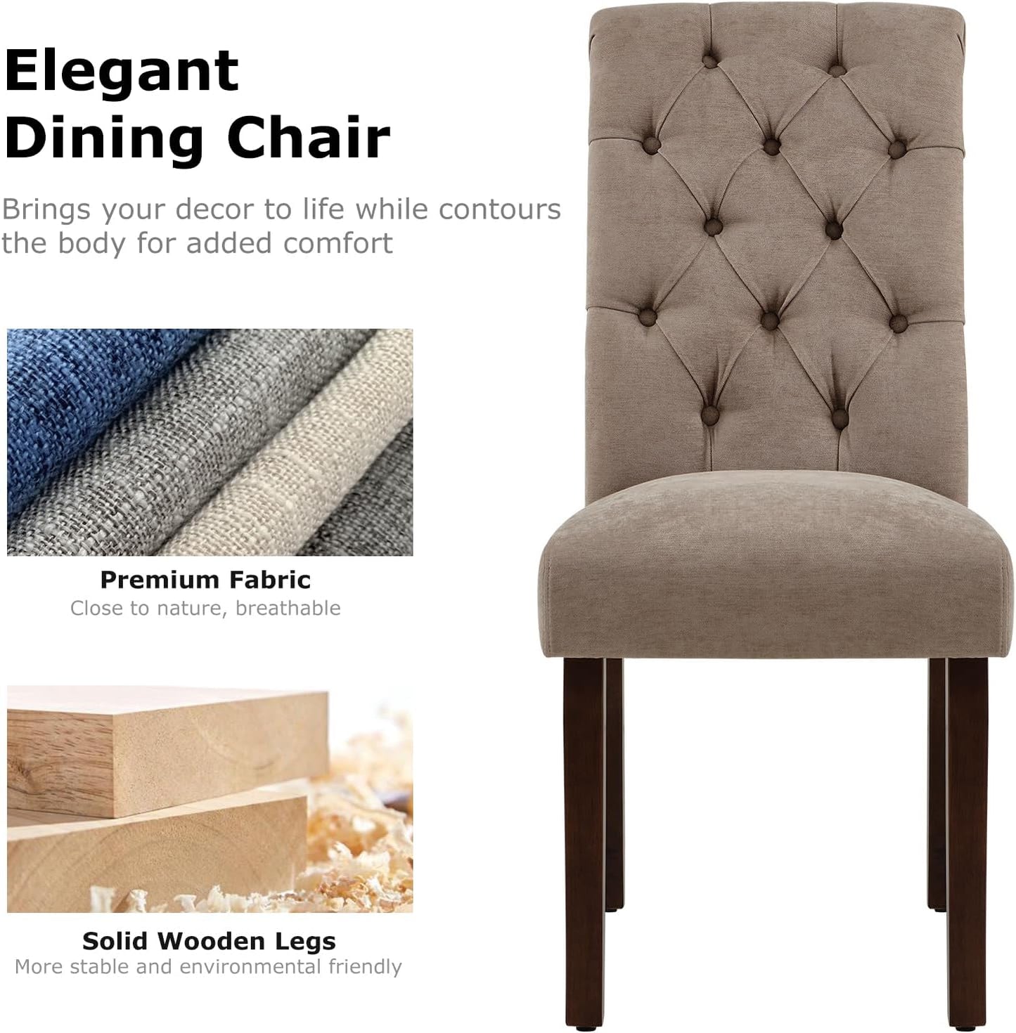 COLAMY Button Tufted Dining Chairs Set of 2, Parsons Upholstered Fabric Dining Room Chairs Kitchen Chairs with Wood Legs and Padded Seat, Taupe