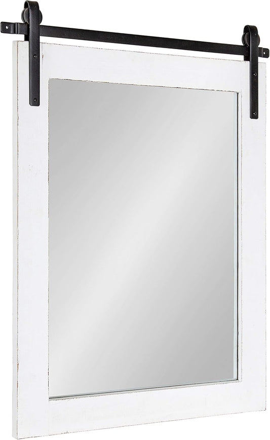 Kate and Laurel Cates Rustic Wall Mirror, 22" x 30", Coastal White, Farmhouse Barn Door-Inspired Wall Decor