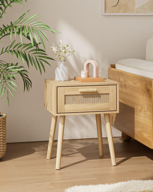 Rattan Nightstand, Small Night Stand, Side Table with Drawer Open Shelf, Cane Accent Bedside End Table with Wood Legs, Bohemian Wood Nightstand for Bedroom, Oak (Bohemian)