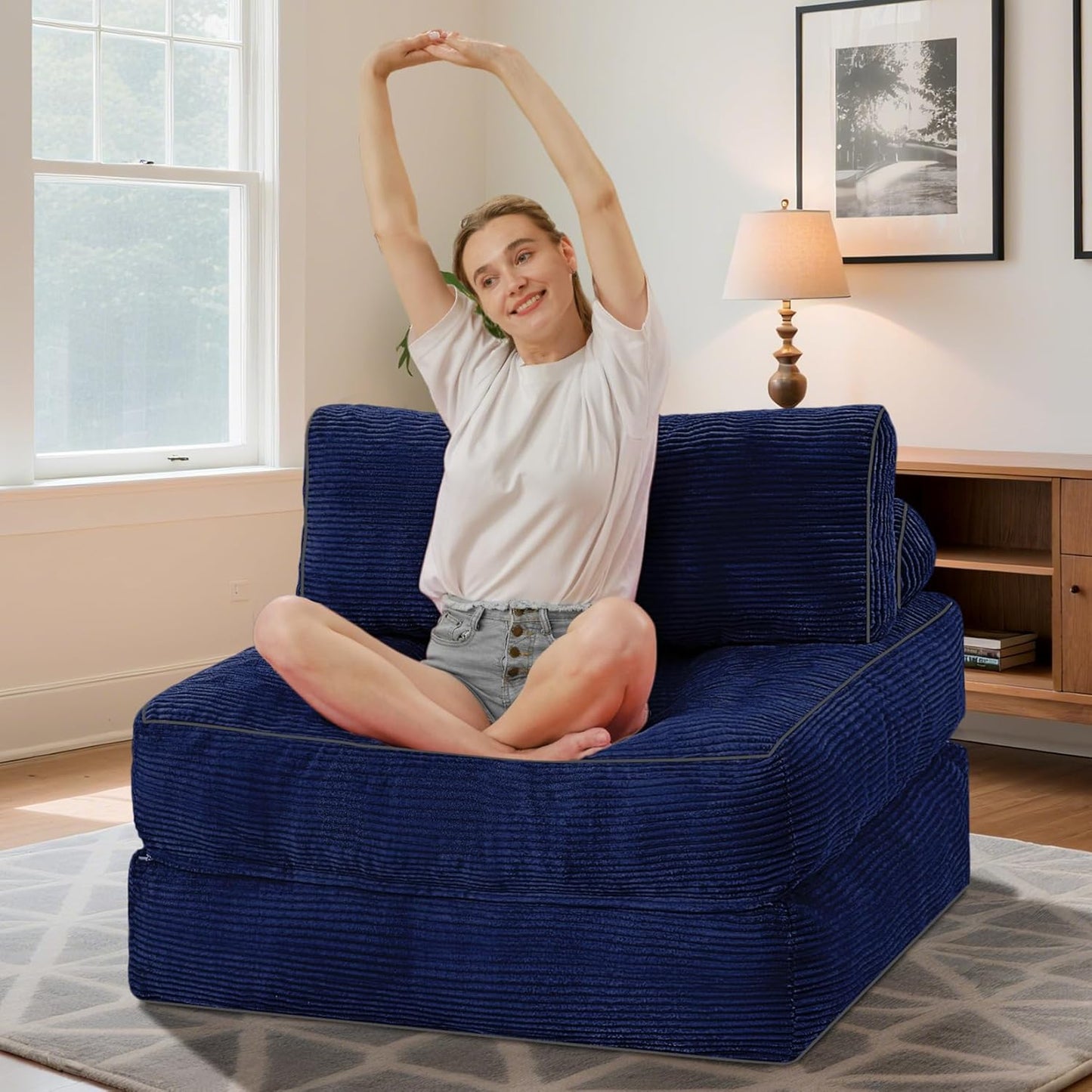 HABUTWAY Folding Sofa Bed, Convertible Sleeper Chair Bed w/Dual-Pillow & Handle, Foldable Floor Sofa Lounge w/Back Support for Living Room, Bedroom, Apartment, Office, Navy Blue