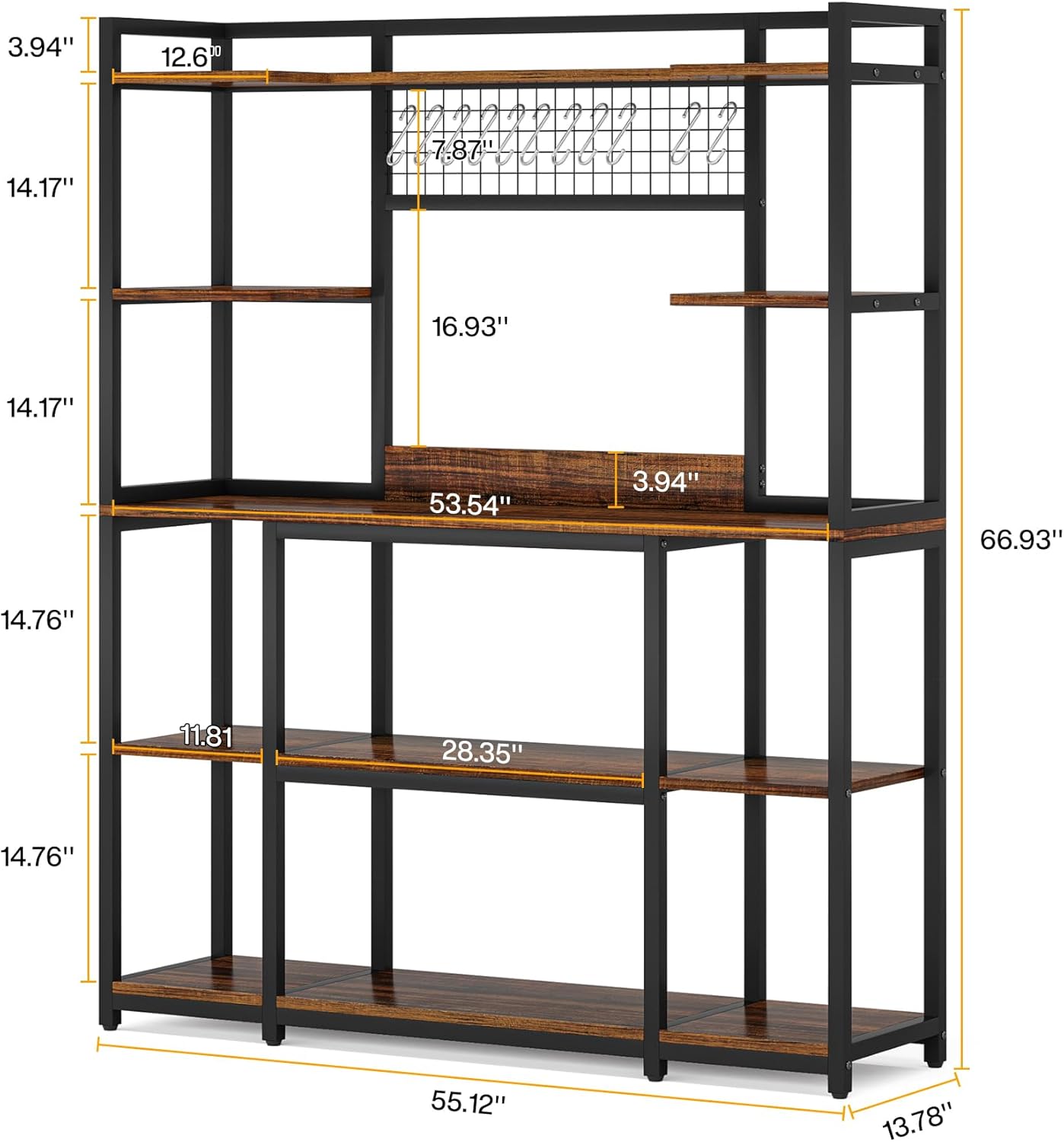 Tribesigns Large Bakers Rack, 55" Wide Kitchen Hutch Cabinet Microwave Stand with 11 Hooks, 5-Tier Baker’s Rack Kitchen Storage Shelf with Hutch, Rustic Brown