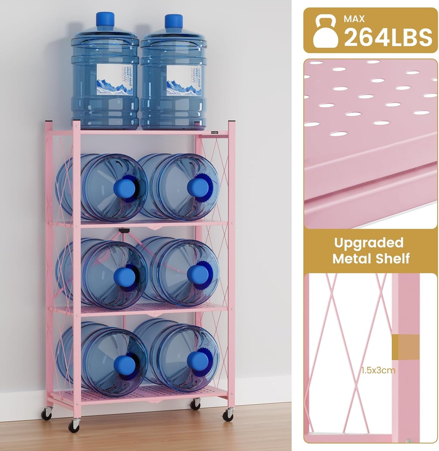 ALANNG Storage Shelves with Wheels, Bookshelf with Storage, No Assembly Metal Rack Shelf for Kitchen, Office, Laundry, Garage (4 Tier, Pink)