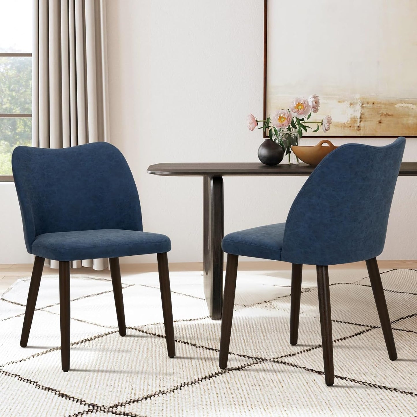 COLAMY Upholstered Dining Chairs Set of 4, Modern PU Leather Dining Room Kitchen Side Chair with Padded Seat and Wood Legs Restaurant/Cafe, Blue