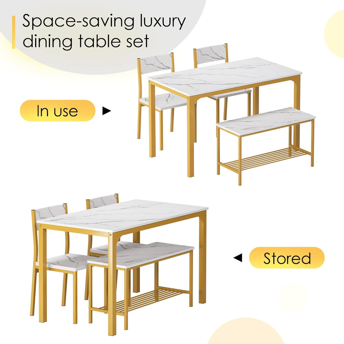 soges 4-Piece Dining Table Set with Bench - 4 Person Kitchen Table and 2 Chairs for Small Spaces, Apartment - Metal Frame & Woodgrain Tabletop, Space-Saving Design, Durable & Easy to Clean, Gold