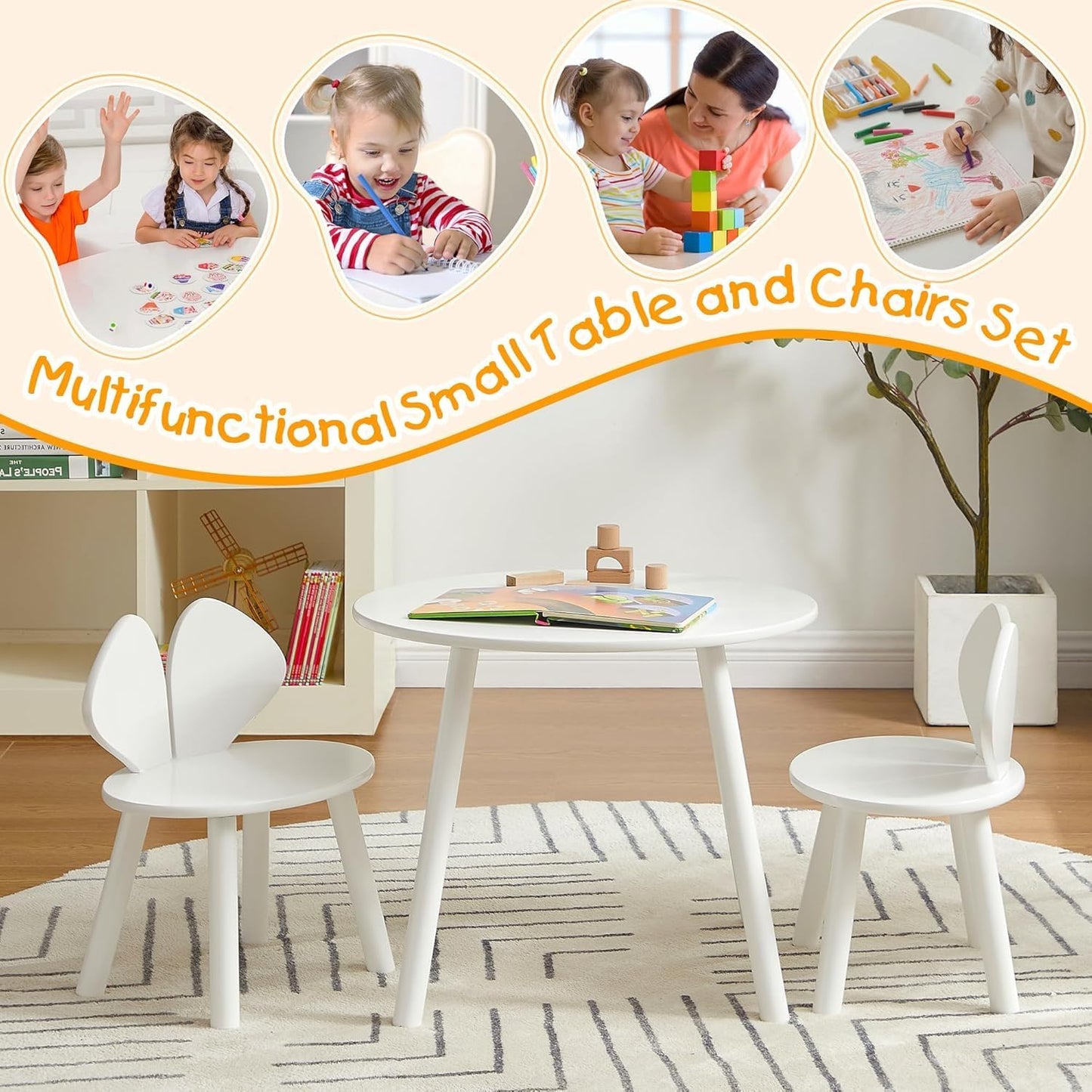 VECELO Kids Table and Chair Set, Wooden Oval Toddler Table with 2 Bunny Ear Chairs, Playroom Furniture for Drawing, Crafts, and Activities, Easy Assembly, Pure White