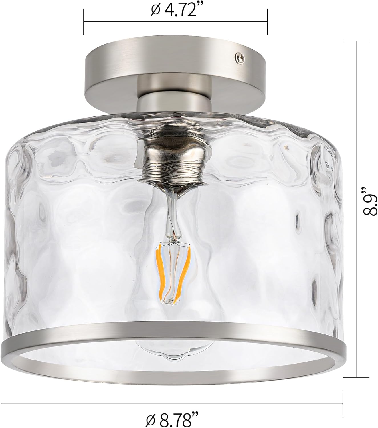 Modern Semi Flush Mount Ceiling Light with Industrial Clear Hammered Glass Lampshade, Farmhouse Ceiling Lights fixtures in Satin Nickel for Hallway Kitchen Bathroom Bedroom