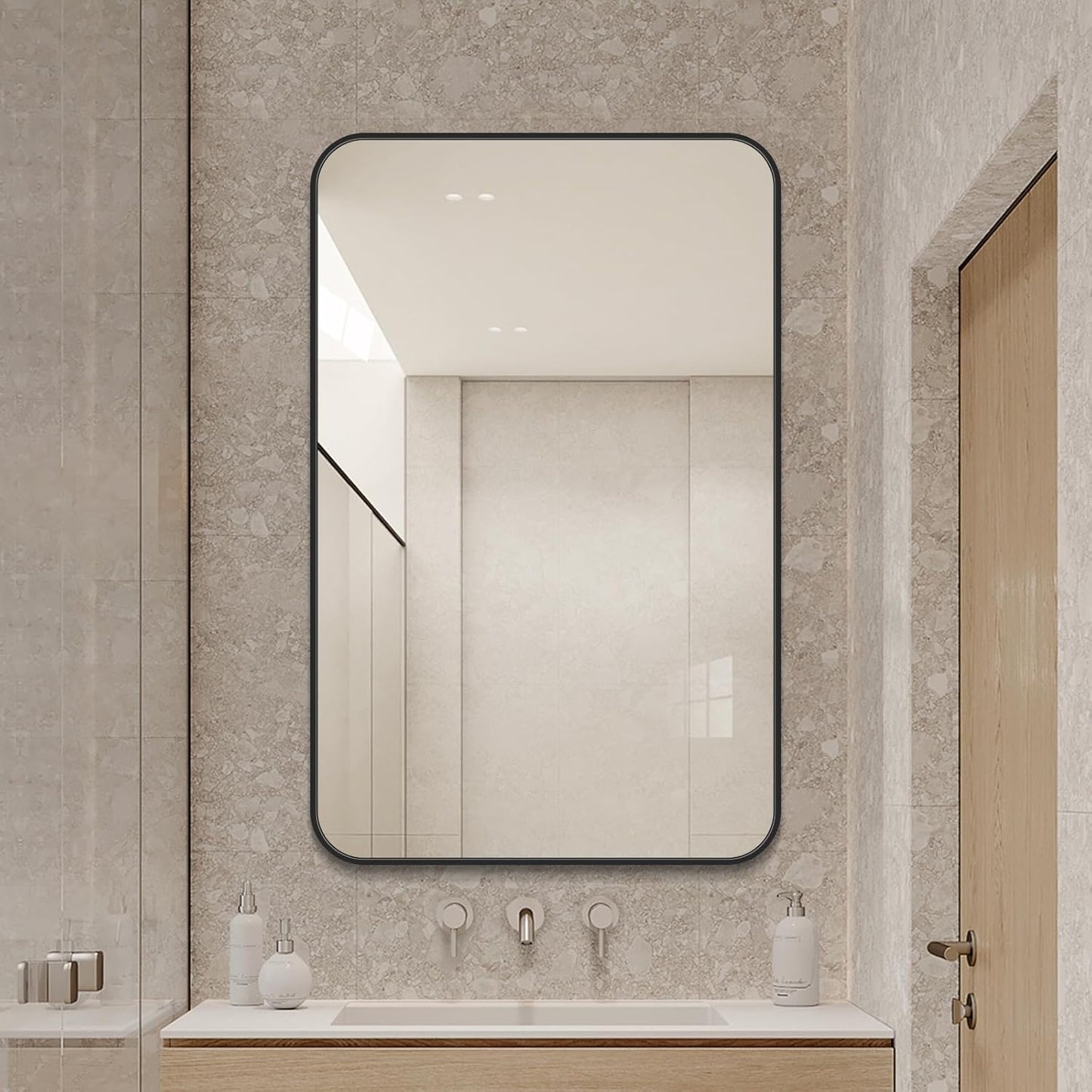 Large Modern Bathroom Mirror with Black Frame, 5mm Copper Free Silver Mirror,Black Frame, Easy Installation (Black, 36" L x 30" W)