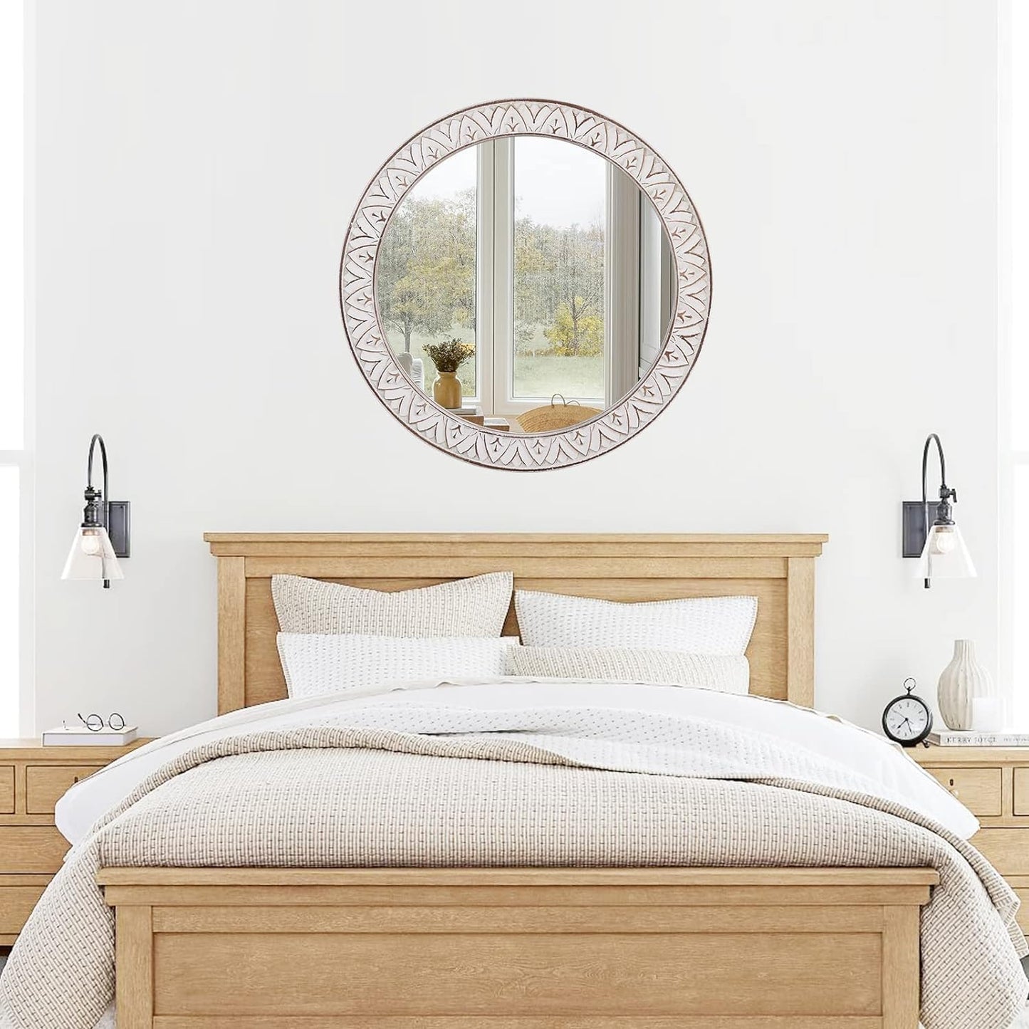 30" Round Wall Mirror, Farmhouse Wooden Frame Circle Mirrors, Rustic Large Decorative Wall Mounted Bathroom Mirror Distressed Hanging Mirrors for Living Room, Bedroom, Entryway, Fireplace, Hall