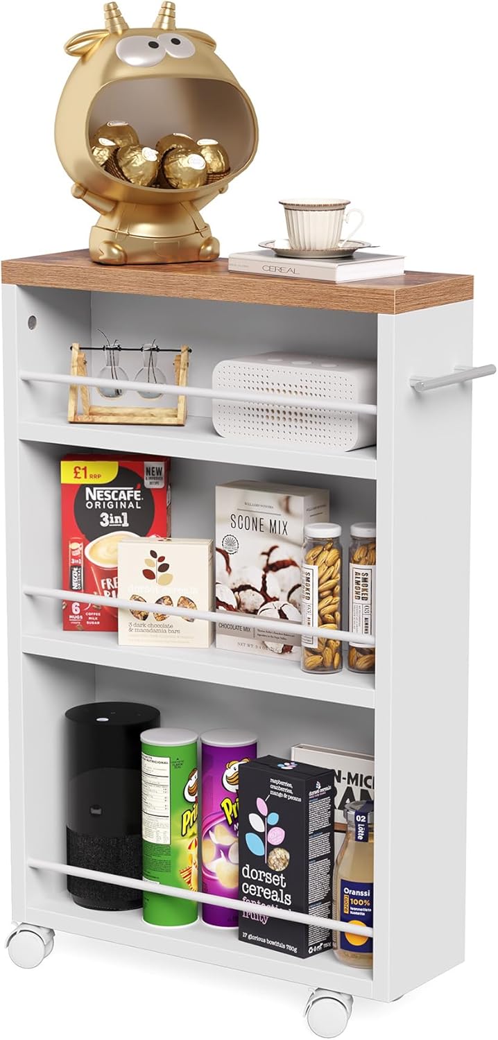 LITTLE TREE 4 Tier Rolling Cart with Wheels, 6.3 Inch Slim Storage Cart, Wooden Snack Cart with Narrow Shelf, White Laundry Room and Bathroom Organizer Shelves