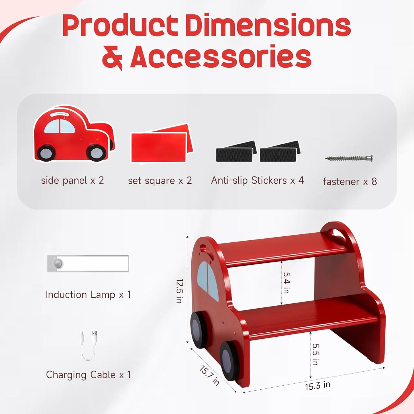 Wooden 2 Step Stool for Toddlers|Red Car Kids Stool with Handle and Non-Slip Sticker,Safety Bathroom Sink Stepstool for Boys & Girls,Children Foot Stool for Kitchen, Bedroom,and Toilet Training