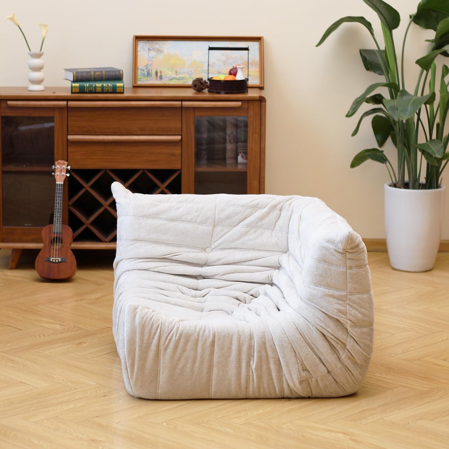 N&V Soft Premium Chenille Floor Lounge Chair, Mid Century Armless Floor Sofa, Foam Sofa Accent Chair for Living Room Bedroom and Office (White, Corner Chair)