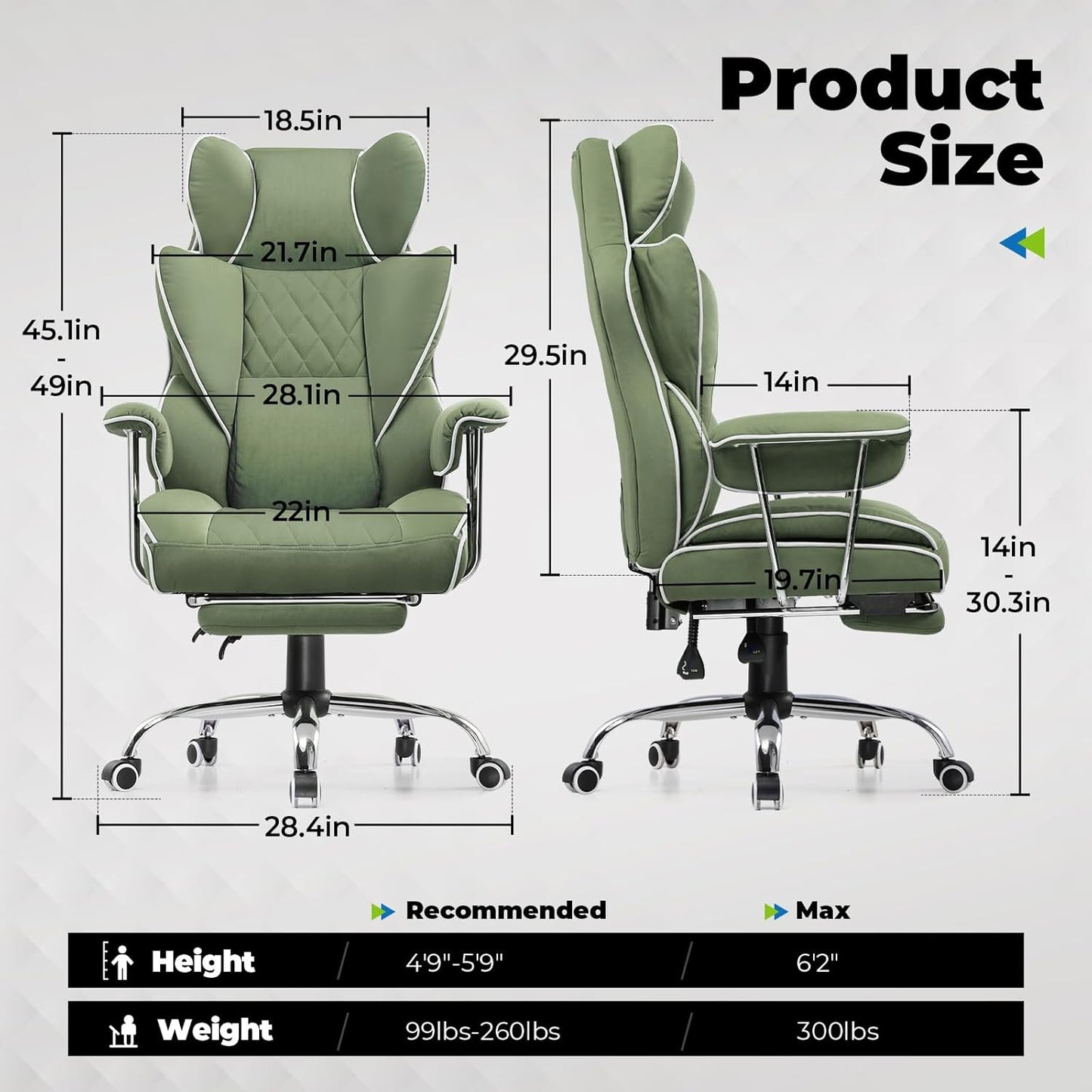 COMHOMA Big and Tall Office Chair, High Back Leather Gaming Chair with Footrest, Executive Ergonomic Office Chair with Pocket Spring Lumbar Support and with Outward Fixed Soft Armrests