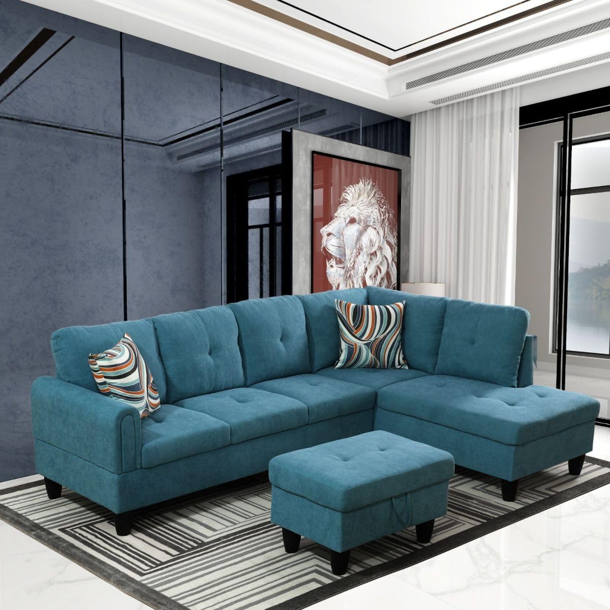 Green L-Shaped 3-Piece Flannel Sofa with Storage Ottoman Set, Sectional Couch Sofa Set for Living Room, Office, Small Space