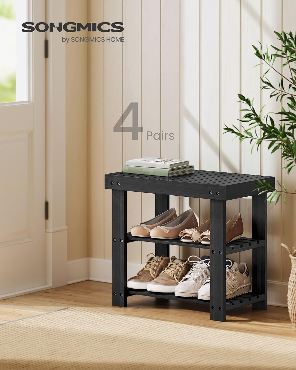 SONGMICS Shoe Rack Bench, 3-Tier Bamboo Shoe Storage Organizer, Entryway Bench, Holds Up to 286 lb, 11.3 x 19.7 x 17.8 Inches, for Entryway Bathroom Bedroom, Ink Black ULBS001B01