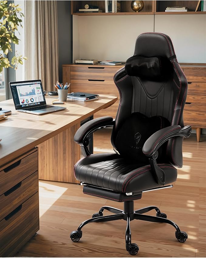 Dowinx Gaming Video Gaming Chair with Shiatsu Neck Massage and Lumbar Support for Home Office High Back Recliner Height Adjustable Ergonomic Comfy Leather Computer Desk Chair (Black)