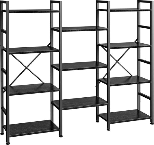 SUPERJARE Triple 4 Tier Bookshelf, Bookcase with 11 Open Display Shelves, Wide Book Shelf Book Case for Home & Office, Black