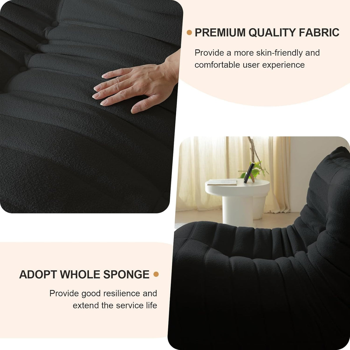 Luxury Ottomans, Modern Square Foot Rest for Sofa Couch Chair, Lazy Floor Seating, Fireside Bean Bag Chair, Tatami Sofa Lounger for Living Room, Bedroom, Office, Black