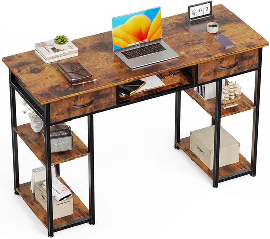 Whitmor Computer Desk - 48 Inch Home Office Study Writing Table with 2 Fabric Drawers, Storage Shelves, Side Bag, Headphone Hook, Brown