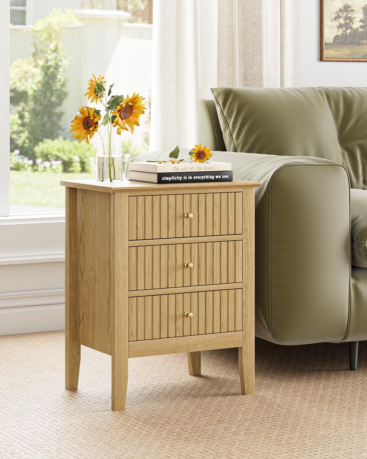 Fluted Nightstand, Farmhouse Night Stand with 3 Drawers, Mid Century Modern Side Accent Table,Bedside End Table for Bedroom, Living Room, Oak