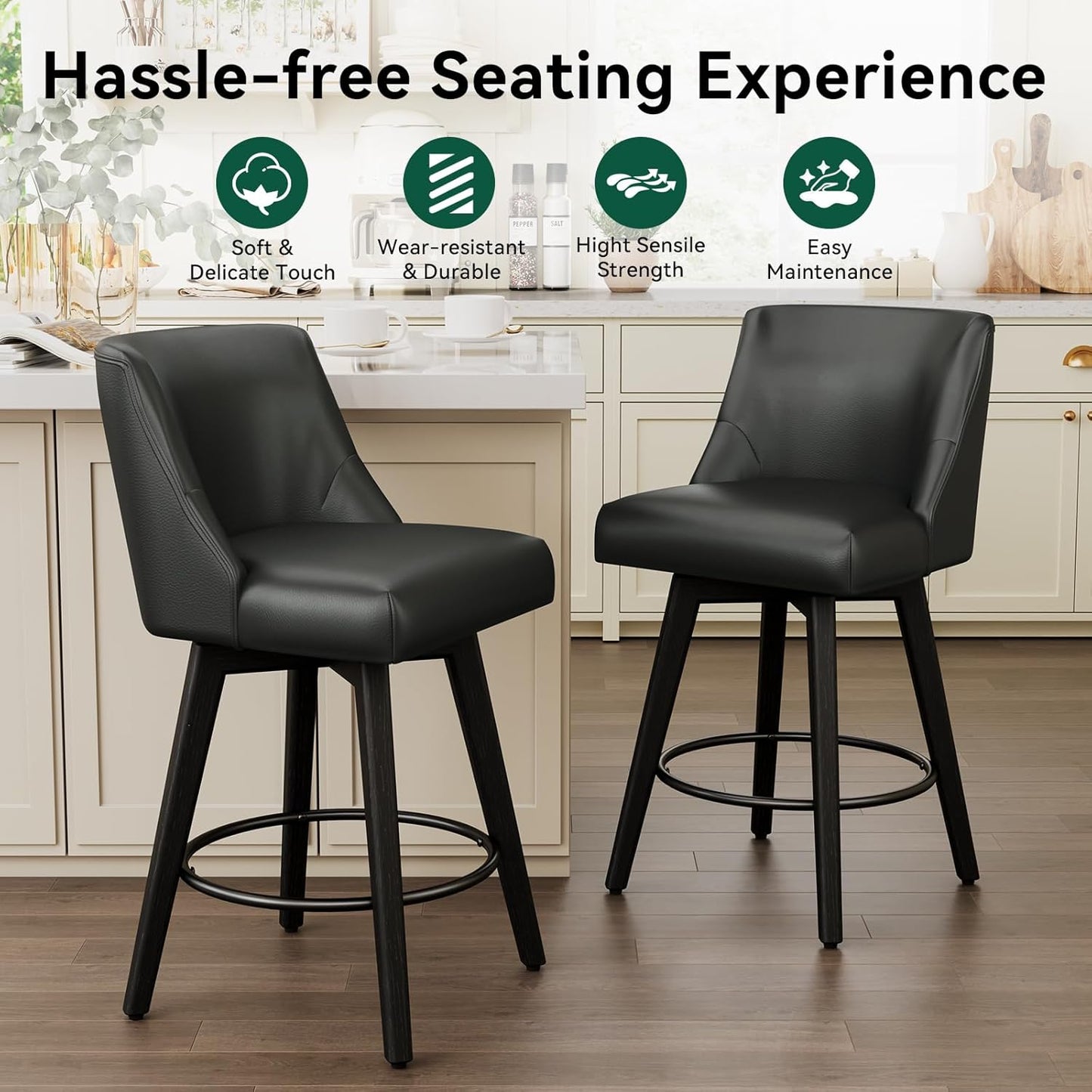 Vipbear Swivel Counter Height Bar Stools Set of 6,26.8" H Counter Stools with Back, Mid Century Modern Bar Stools for Kitchen Island,Faux Leather,Wooden Base, Black